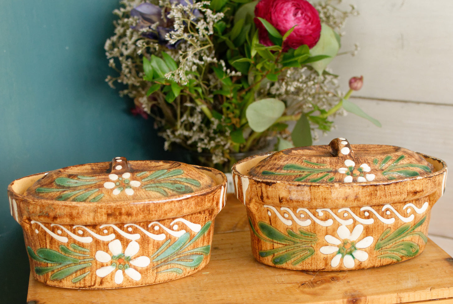 French Vintage Alsace SOUFFLENHEIM BAECKEOFFE Cocotte en Terre Cuite Set of 2 Brown Oval Stoneware Lidded Terrines  Foie Gras Casserole Dish  Made in France