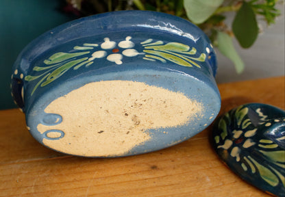 French Vintage Alsace SOUFFLENHEIM BAECKEOFFE Cocotte en Terre Cuite Light Blue Oval Stoneware Lidded Terrine Foie Gras Casserole Dish Made in France