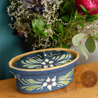 French Vintage Alsace SOUFFLENHEIM BAECKEOFFE Cocotte en Terre Cuite Light Blue Oval Stoneware Lidded Terrine Foie Gras Casserole Dish Made in France