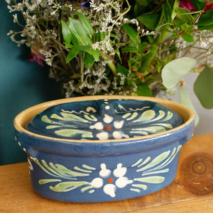 French Vintage Alsace SOUFFLENHEIM BAECKEOFFE Cocotte en Terre Cuite Light Blue Oval Stoneware Lidded Terrine Foie Gras Casserole Dish Made in France