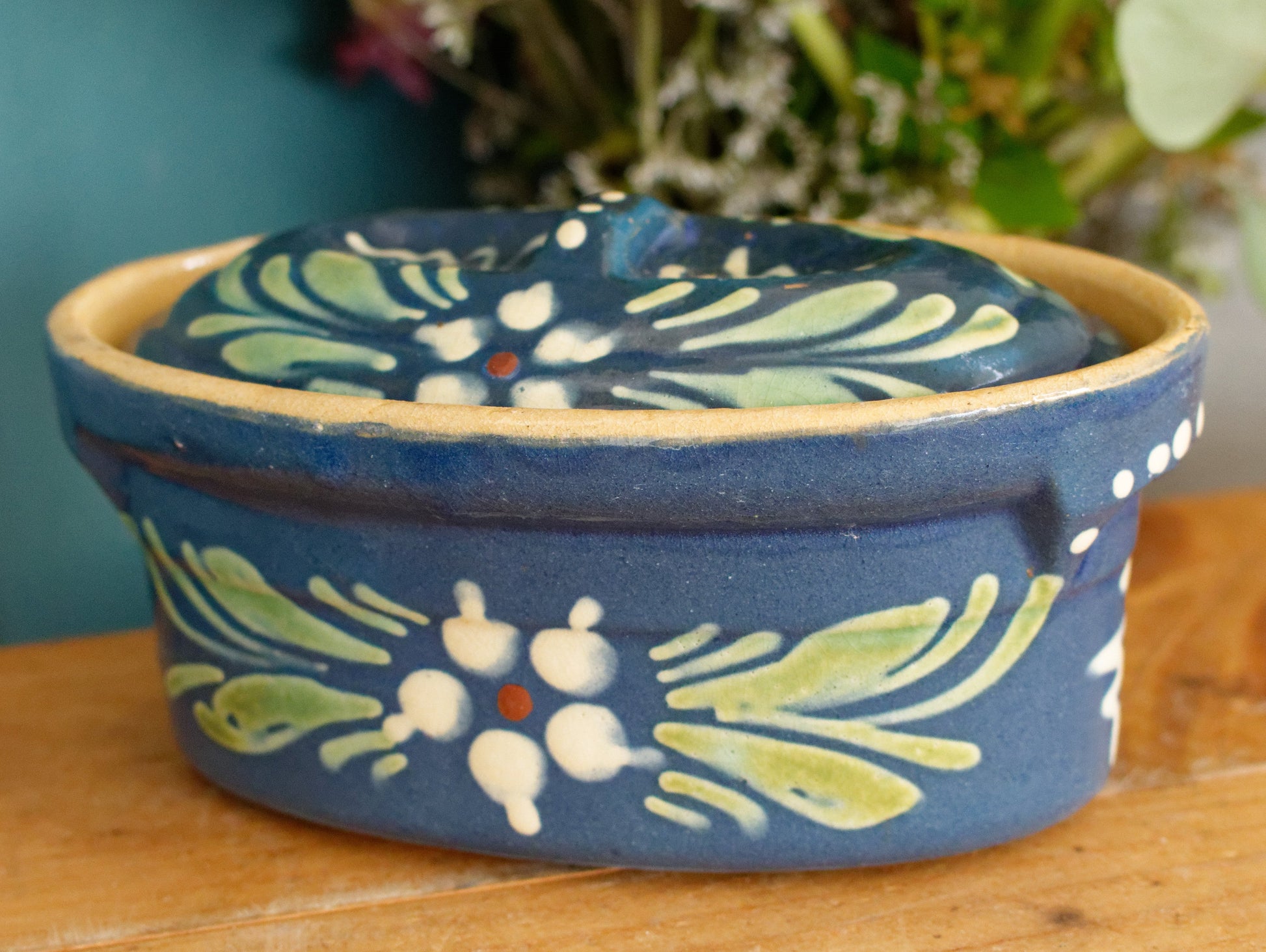 French Vintage Alsace SOUFFLENHEIM BAECKEOFFE Cocotte en Terre Cuite Light Blue Oval Stoneware Lidded Terrine Foie Gras Casserole Dish Made in France