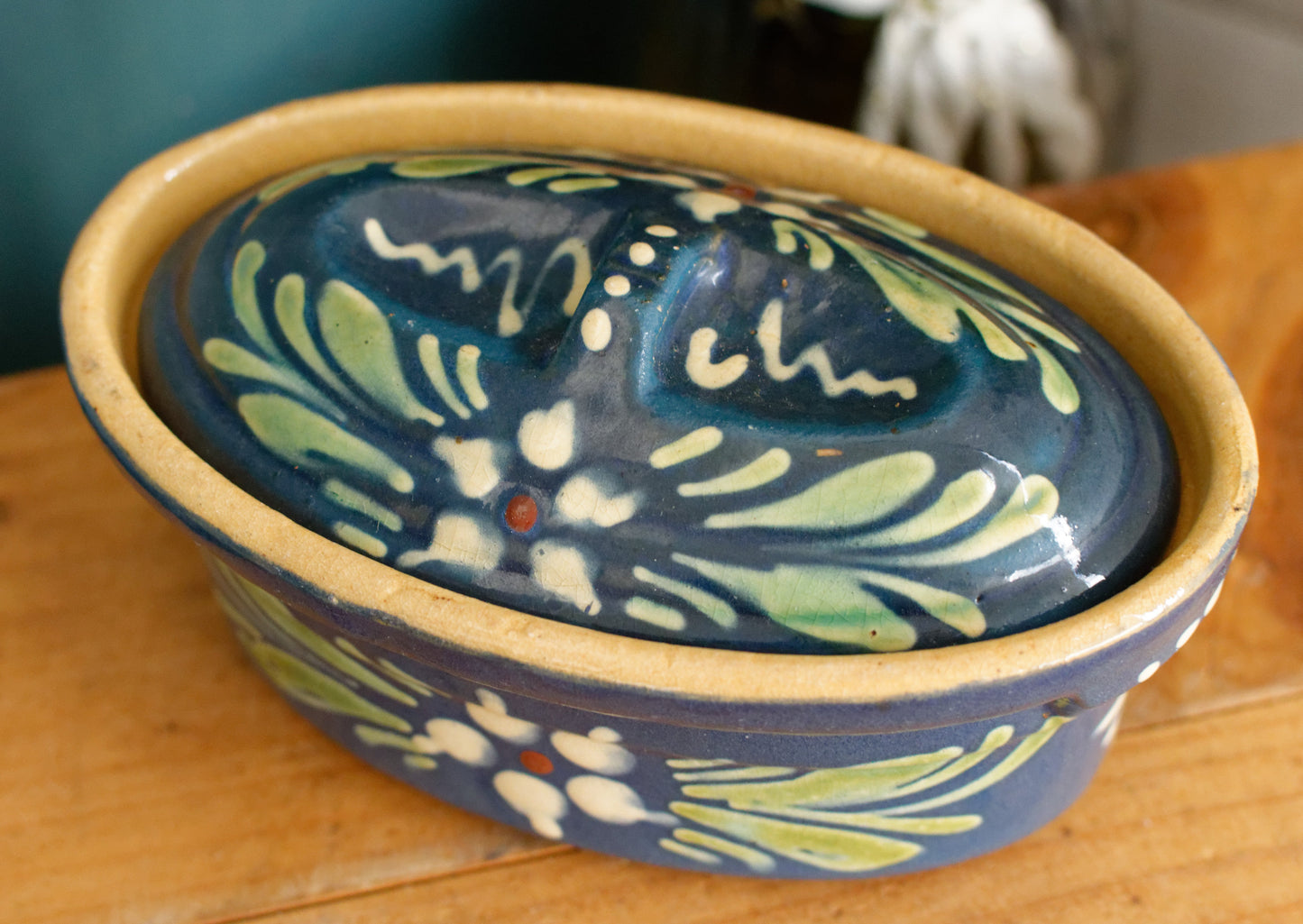 French Vintage Alsace SOUFFLENHEIM BAECKEOFFE Cocotte en Terre Cuite Light Blue Oval Stoneware Lidded Terrine Foie Gras Casserole Dish Made in France