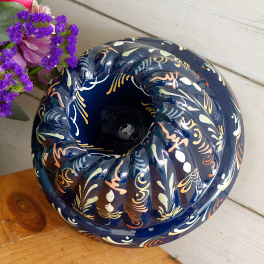French Vintage Glazed Ceramic Bundt Baking Cake Mold Alsacien Pottery Blue Moule à Kouglhopf Hand-Painted Collectible Stoneware