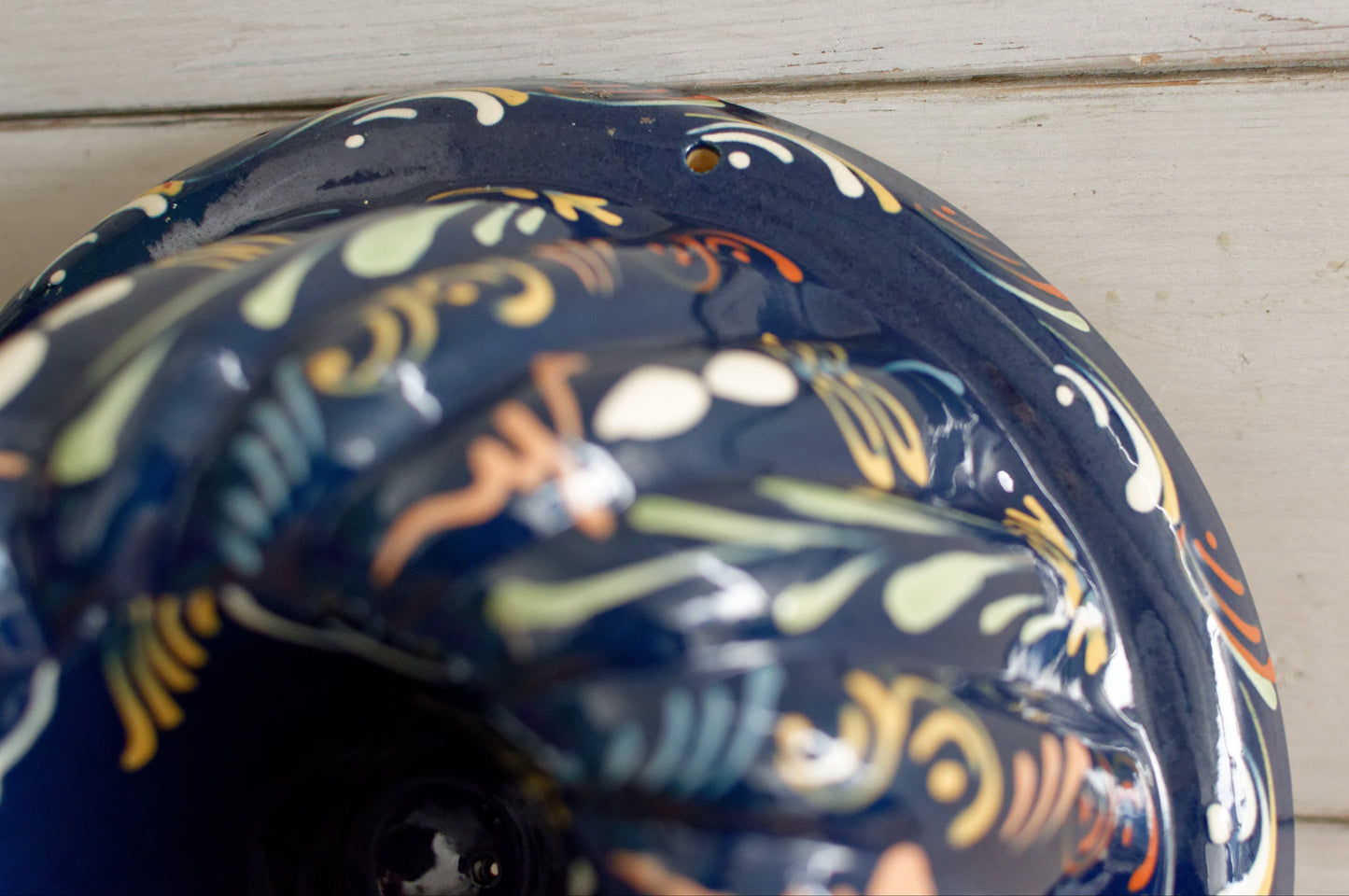 French Vintage Glazed Ceramic Bundt Baking Cake Mold Alsacien Pottery Blue Moule à Kouglhopf Hand-Painted Collectible Stoneware