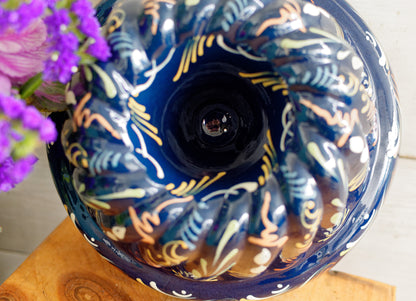 French Vintage Glazed Ceramic Bundt Baking Cake Mold Alsacien Pottery Blue Moule à Kouglhopf Hand-Painted Collectible Stoneware