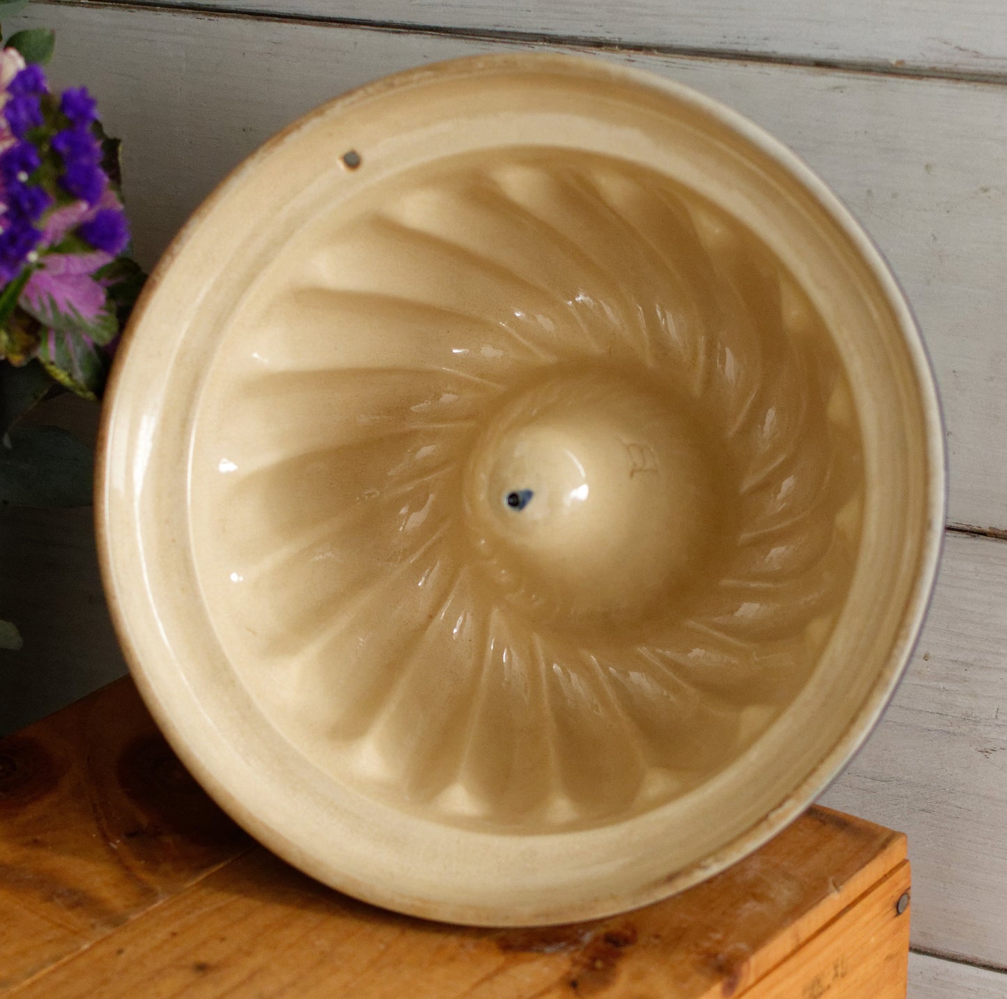 French Vintage Glazed Ceramic Bundt Baking Cake Mold Alsacien Pottery Blue Moule à Kouglhopf Hand-Painted Collectible Stoneware