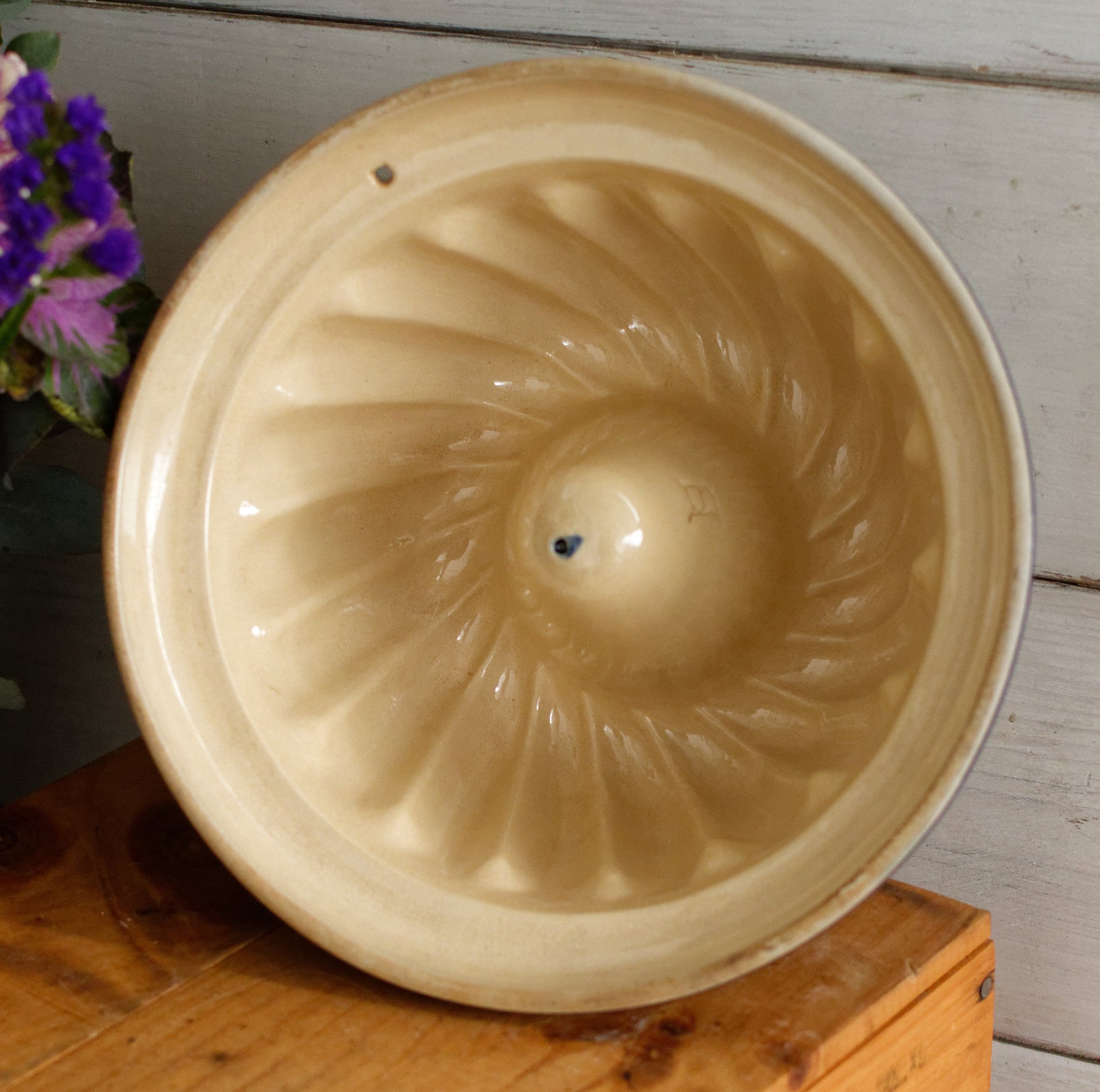 French Vintage Glazed Ceramic Bundt Baking Cake Mold Alsacien Pottery Blue Moule à Kouglhopf Hand-Painted Collectible Stoneware