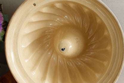 French Vintage Glazed Ceramic Bundt Baking Cake Mold ~ Alsacien Pottery Blue "Moule à Kouglhopf" ~ Hand-Painted Collectible Stoneware