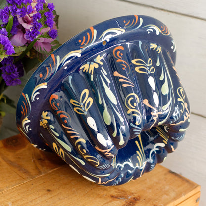 French Vintage Glazed Ceramic Bundt Baking Cake Mold Alsacien Pottery Blue Moule à Kouglhopf Hand-Painted Collectible Stoneware