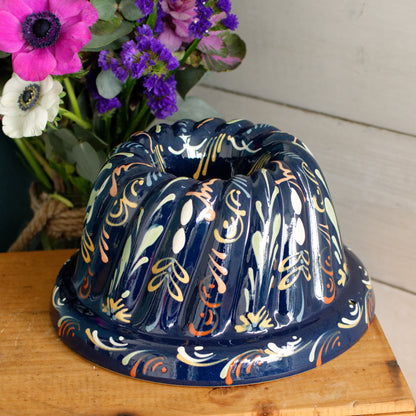 French Vintage Glazed Ceramic Bundt Baking Cake Mold Alsacien Pottery Blue Moule à Kouglhopf Hand-Painted Collectible Stoneware