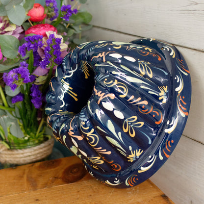 French Vintage Glazed Ceramic Bundt Baking Cake Mold Alsacien Pottery Blue Moule à Kouglhopf Hand-Painted Collectible Stoneware