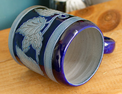 French Vintage Collectible Glazed Stoneware Mug Chop ~ R. Remmy Signed POTERIE ALSACE BETSCHDORF ~ Cobalt Blue Salt Glazed Sandstone Leaves & Grapes