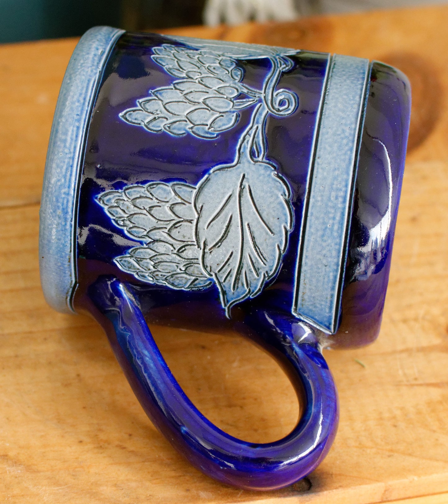 French Vintage Collectible Glazed Stoneware Mug Chop ~ R. Remmy Signed POTERIE ALSACE BETSCHDORF ~ Cobalt Blue Salt Glazed Sandstone Leaves & Grapes