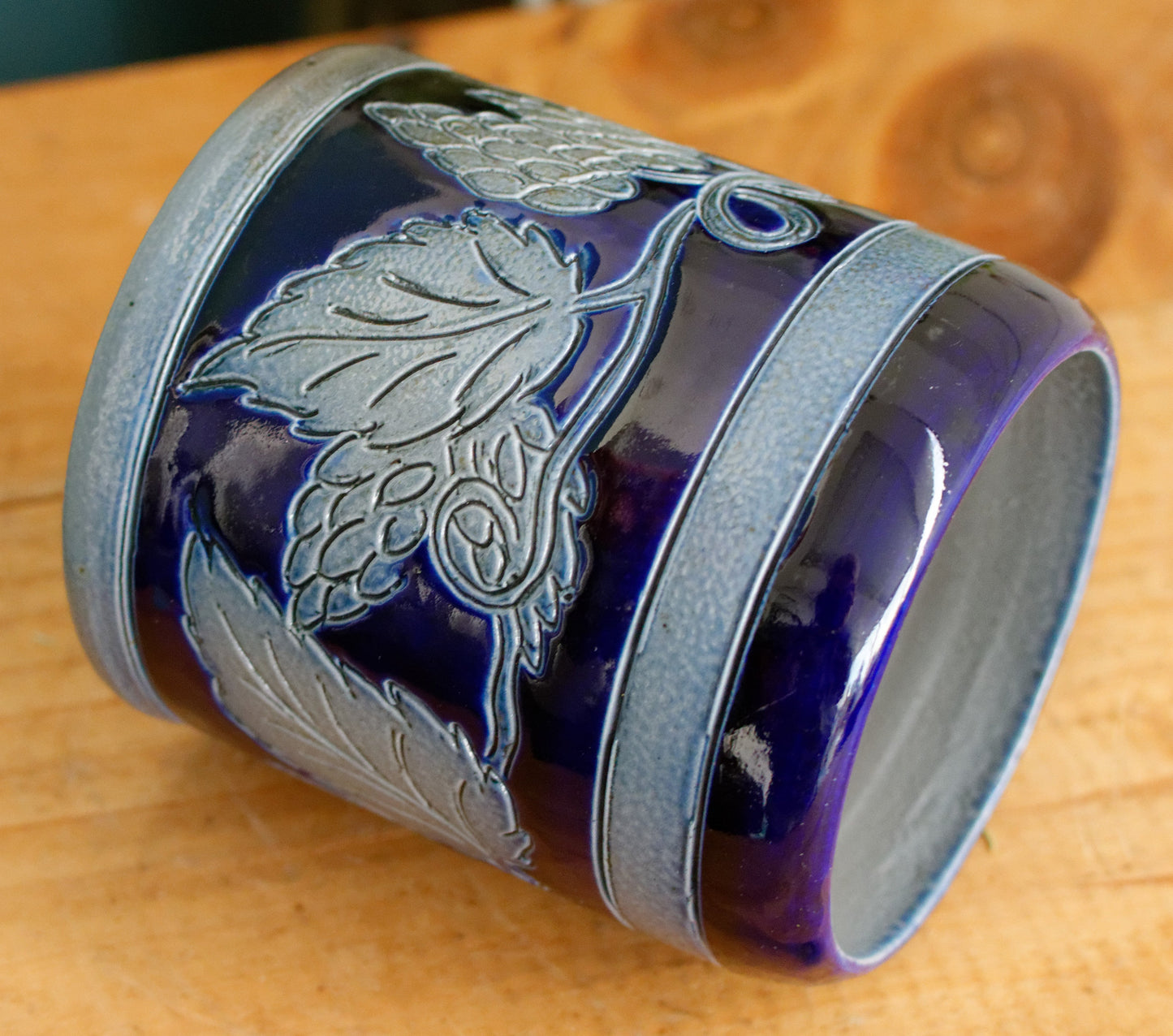 French Vintage Collectible Glazed Stoneware Mug Chop ~ R. Remmy Signed POTERIE ALSACE BETSCHDORF ~ Cobalt Blue Salt Glazed Sandstone Leaves & Grapes