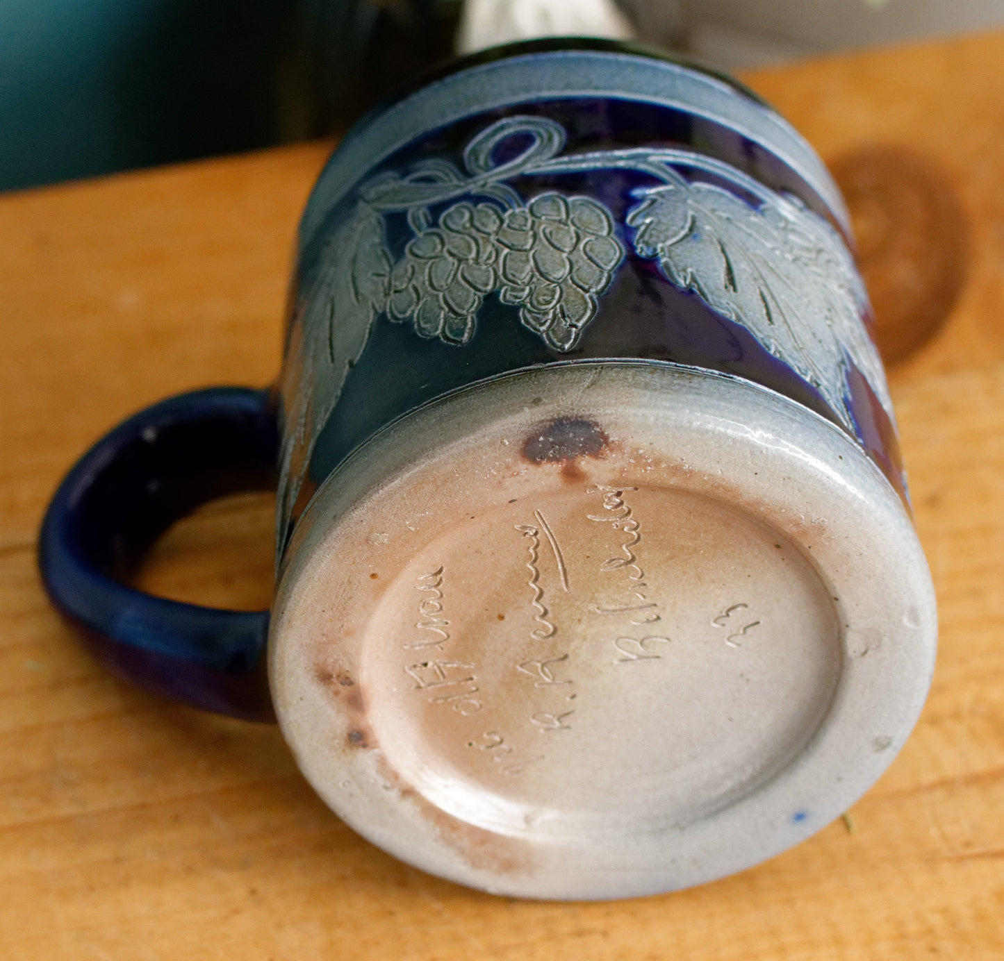 French Vintage Collectible Glazed Stoneware Mug Chop ~ R. Remmy Signed POTERIE ALSACE BETSCHDORF ~ Cobalt Blue Salt Glazed Sandstone Leaves & Grapes