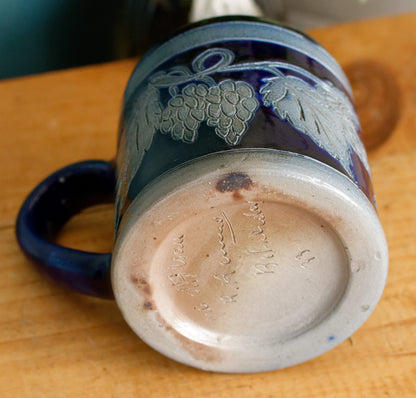 French Vintage Collectible Glazed Stoneware Mug Chop ~ R. Remmy Signed POTERIE ALSACE BETSCHDORF ~ Cobalt Blue Salt Glazed Sandstone Leaves & Grapes