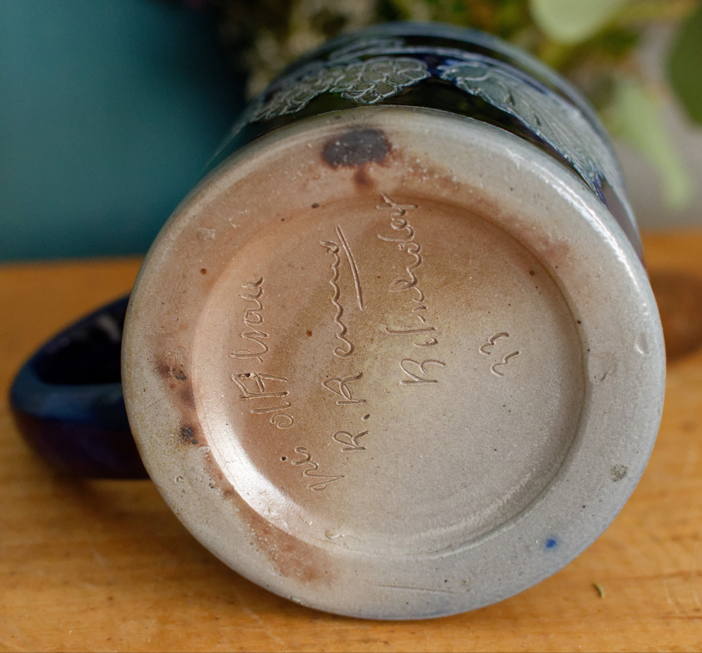 French Vintage Collectible Glazed Stoneware Mug Chop ~ R. Remmy Signed POTERIE ALSACE BETSCHDORF ~ Cobalt Blue Salt Glazed Sandstone Leaves & Grapes