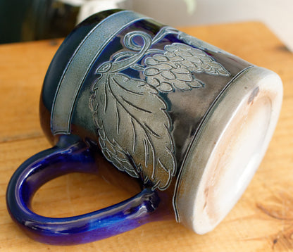 French Vintage Collectible Glazed Stoneware Mug Chop ~ R. Remmy Signed POTERIE ALSACE BETSCHDORF ~ Cobalt Blue Salt Glazed Sandstone Leaves & Grapes