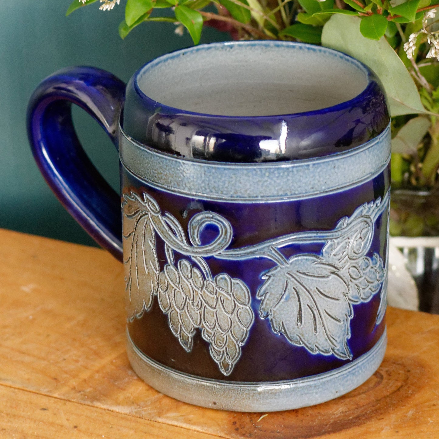 French Vintage Collectible Glazed Stoneware Mug Chop ~ R. Remmy Signed POTERIE ALSACE BETSCHDORF ~ Cobalt Blue Salt Glazed Sandstone Leaves & Grapes