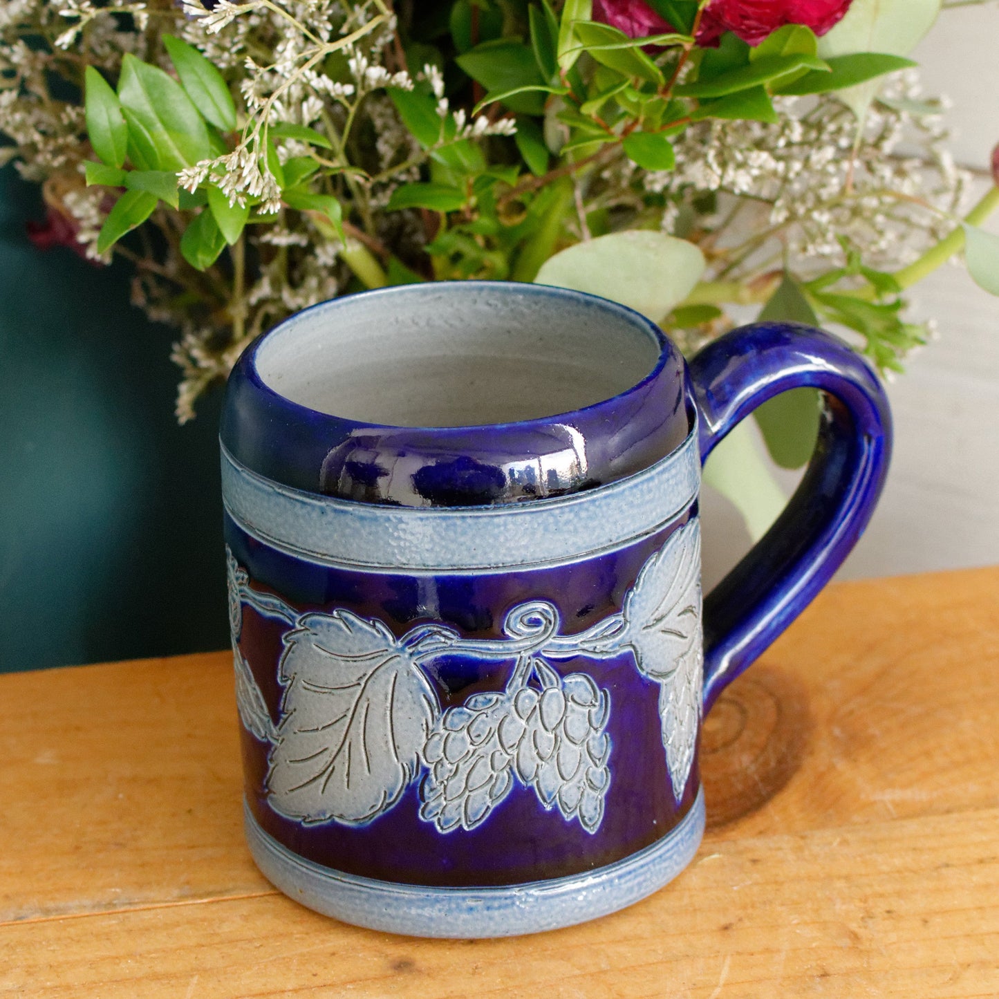 French Vintage Collectible Glazed Stoneware Mug Chop ~ R. Remmy Signed POTERIE ALSACE BETSCHDORF ~ Cobalt Blue Salt Glazed Sandstone Leaves & Grapes
