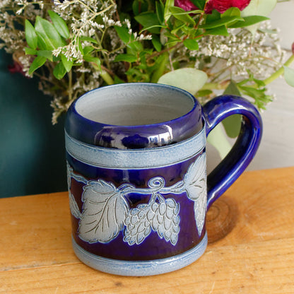 French Vintage Collectible Glazed Stoneware Mug Chop ~ R. Remmy Signed POTERIE ALSACE BETSCHDORF ~ Cobalt Blue Salt Glazed Sandstone Leaves & Grapes