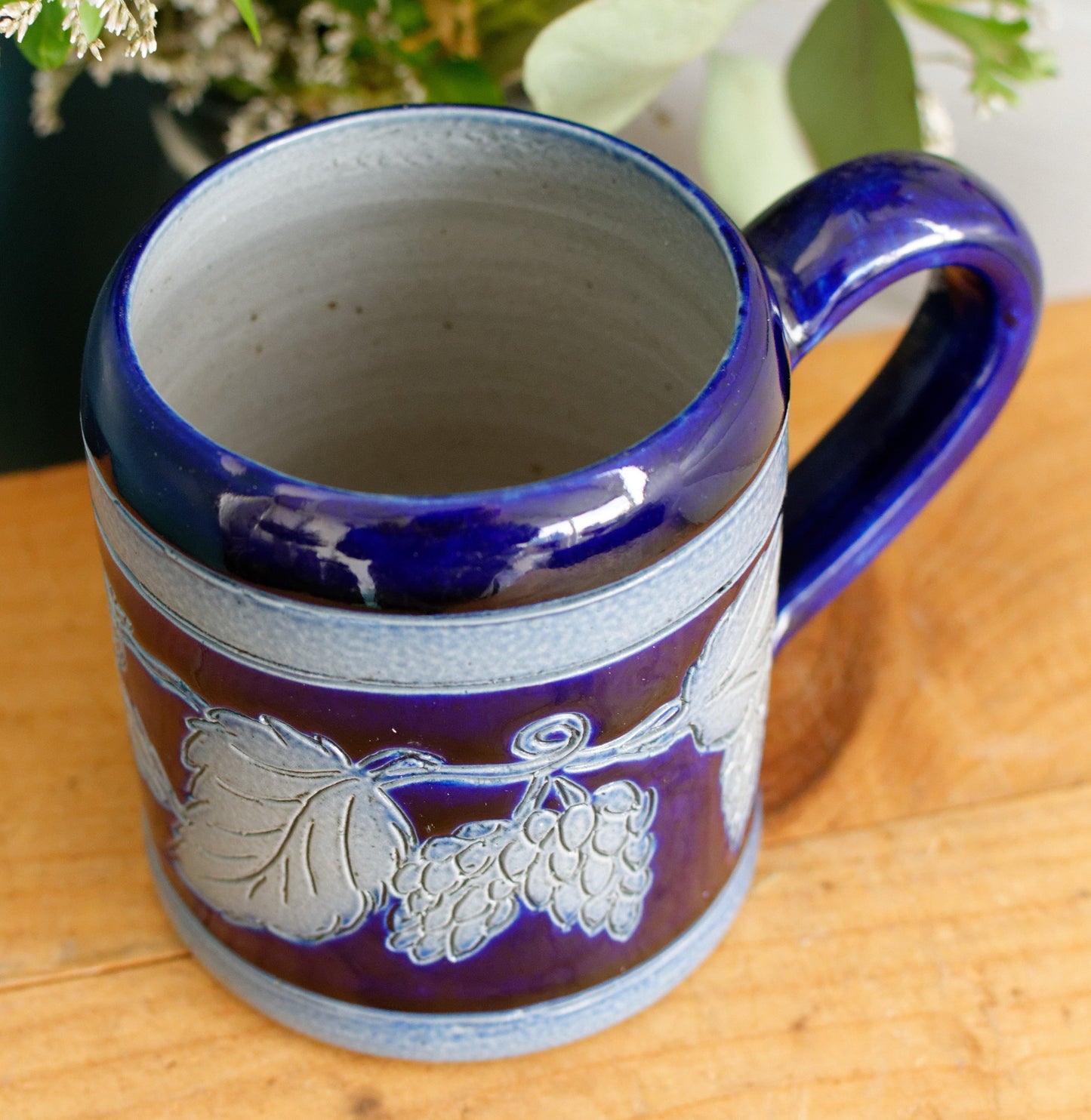 French Vintage Collectible Glazed Stoneware Mug Chop ~ R. Remmy Signed POTERIE ALSACE BETSCHDORF ~ Cobalt Blue Salt Glazed Sandstone Leaves & Grapes