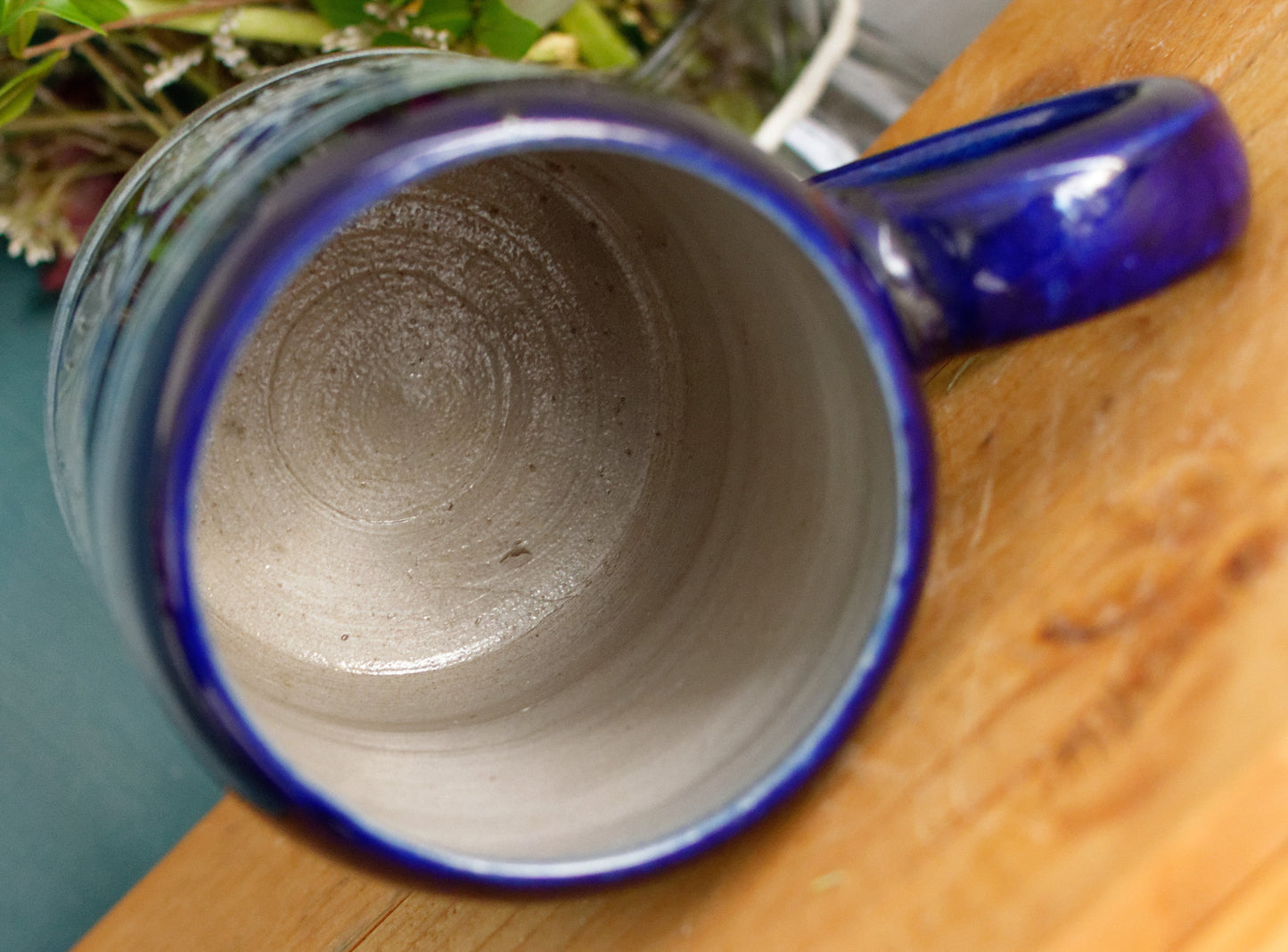 French Vintage Collectible Glazed Stoneware Mug Chop ~ R. Remmy Signed POTERIE ALSACE BETSCHDORF ~ Cobalt Blue Salt Glazed Sandstone Leaves & Grapes