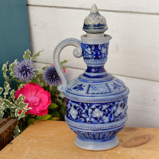 French Vintage Alsace Glazed Sandstone Cobalt Blue Corked Liquor Bottle Pitcher ~ Handmade Pottery Stoneware