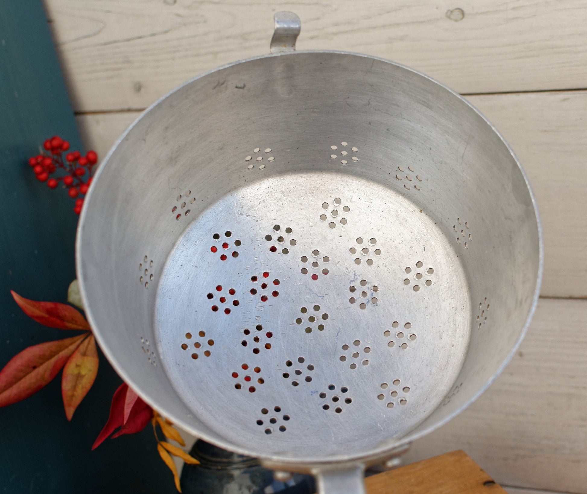 French Vintage A. Bourbeat Dauphinois Pure Aluminum Colander Strainer Passoire with Bakelite Handle for Hanging