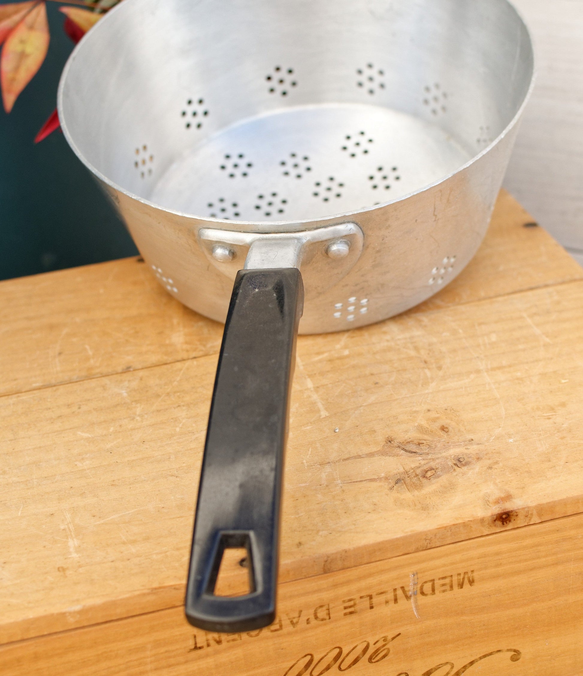 French Vintage A. Bourbeat Dauphinois Pure Aluminum Colander Strainer Passoire with Bakelite Handle for Hanging