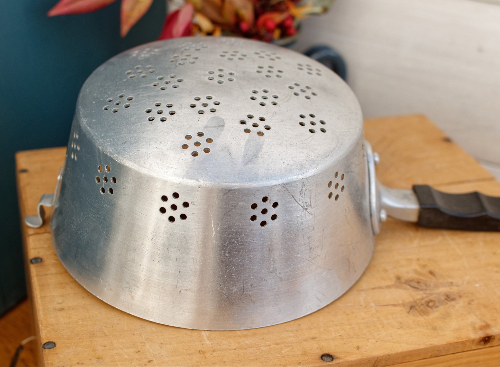 French Vintage A. Bourbeat Dauphinois Pure Aluminum Colander Strainer Passoire with Bakelite Handle for Hanging