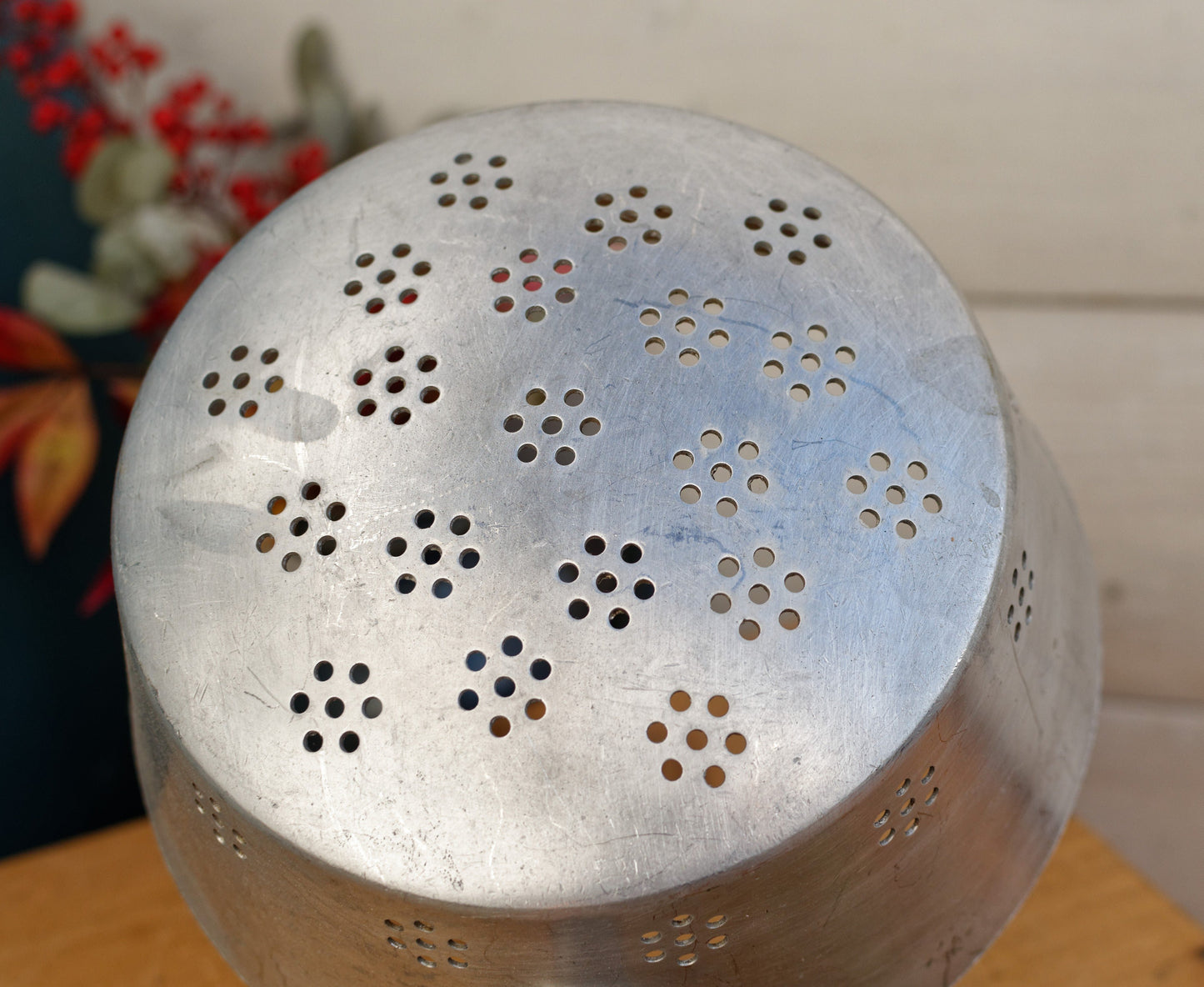 French Vintage A. Bourbeat Dauphinois Pure Aluminum Colander Strainer Passoire with Bakelite Handle for Hanging