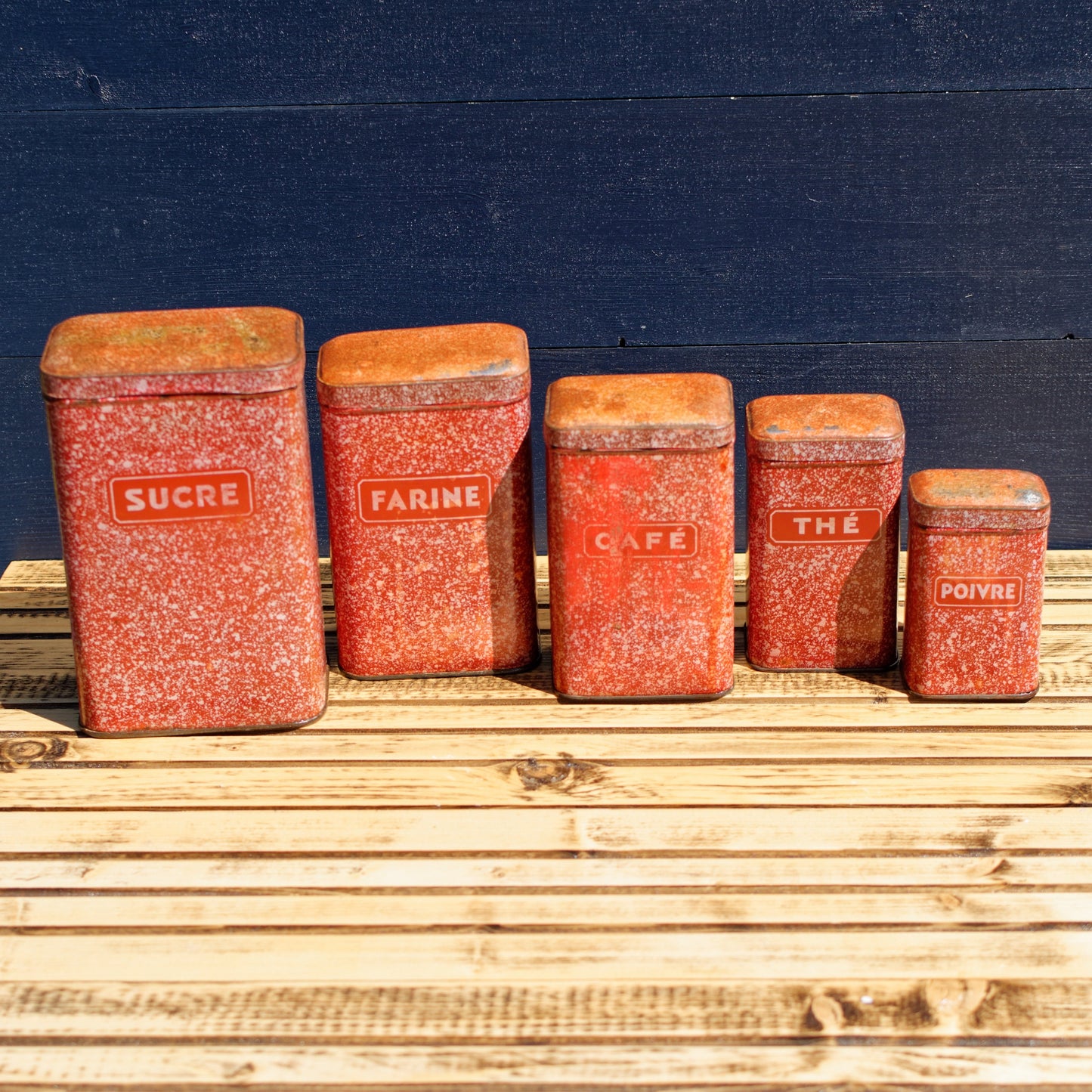 French Antique Aluminum Storage Nesting Canisters Red Spice Jars Sucre Farine Cafe The Poivre