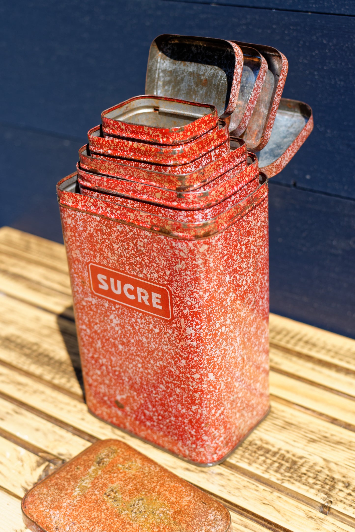 French Antique Aluminum Storage Nesting Canisters Red Spice Jars Sucre Farine Cafe The Poivre