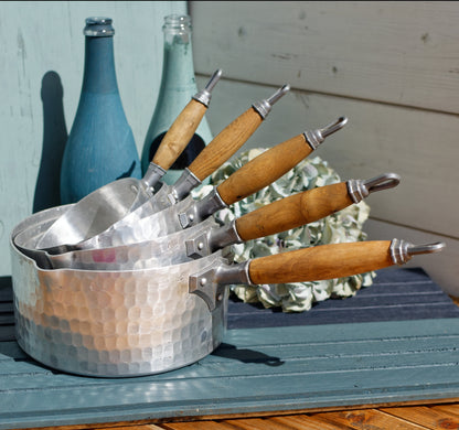 French Vintage Pure Aluminum Hammered Saucepans with Spouts Wooden Handles ~ L.Lecellier VILLEDIEU