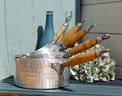 French Vintage Pure Aluminum Hammered Saucepans with Spouts Wooden Handles ~ L.Lecellier VILLEDIEU