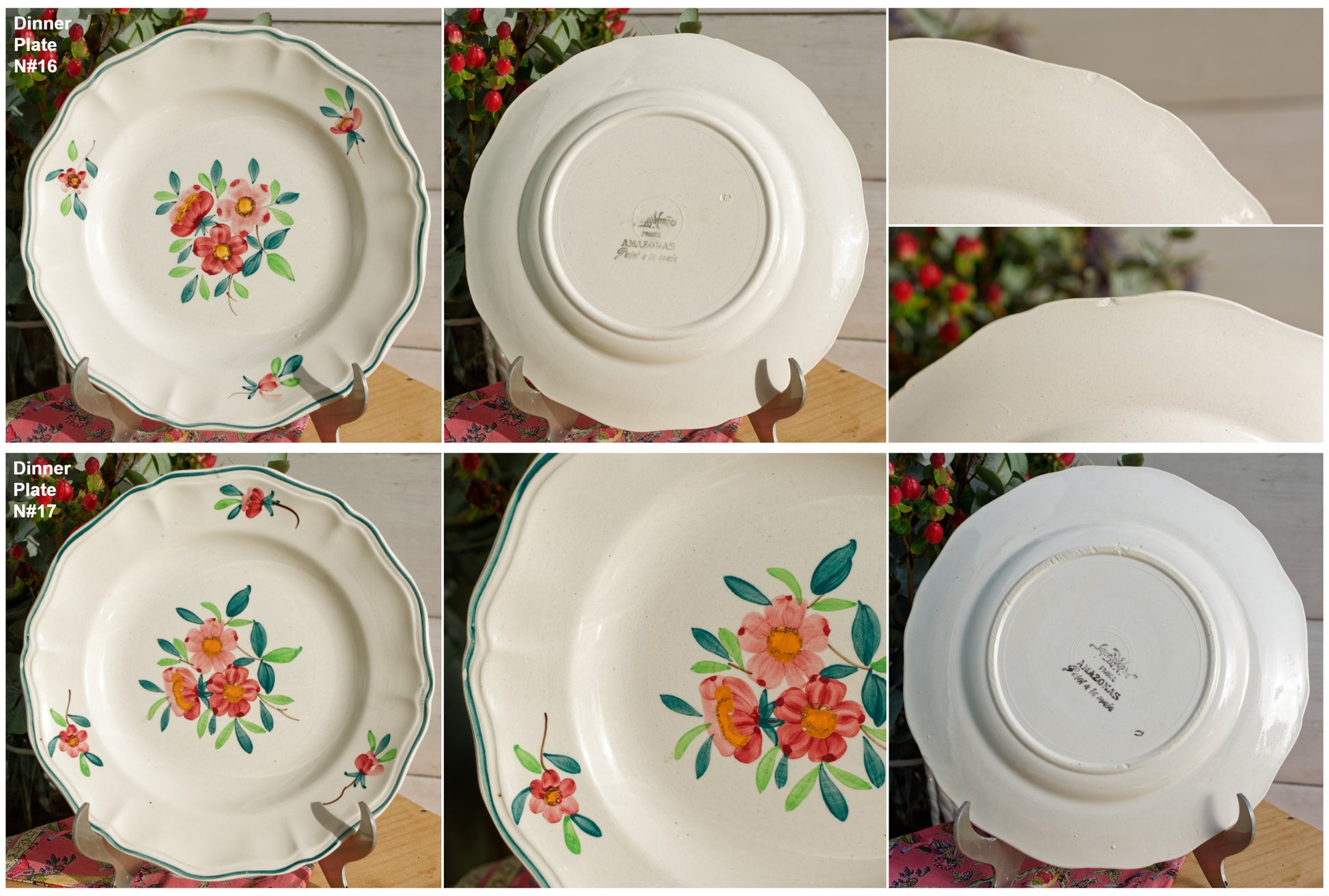 AMAZONAS SARREGUEMINES Peint a la Main French Antique Hand-Painted Ironstone Floral Dinner Plate Terre de fer