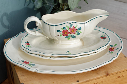 1890/1920年代 ~ 「アマゾナス」 SARREGUEMINES Peint a la Main ~ フランスアンティーク手描きアイアンストーン花柄オーバルサービングピース ~ テールデフェール