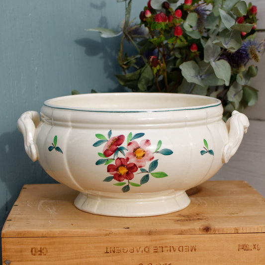 1890/1920s ~ "AMAZONAS" SARREGUEMINES Peint a la Main ~ French Antique Hand-Painted Ironstone Floral Round Serving Piece ~ Terre de fer
