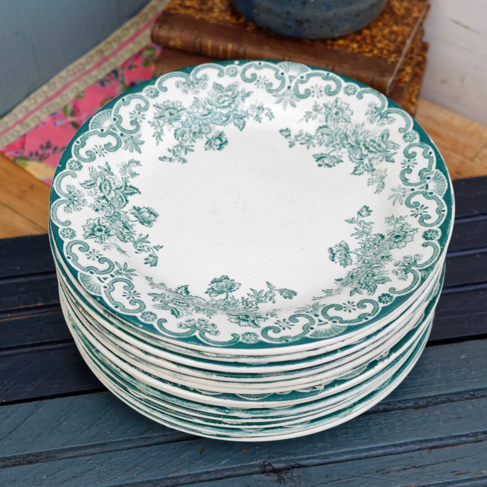 French Ironstone Green Transferware Dinner Plate Anglais L. Bertrand Bordeaux Terre de Fer