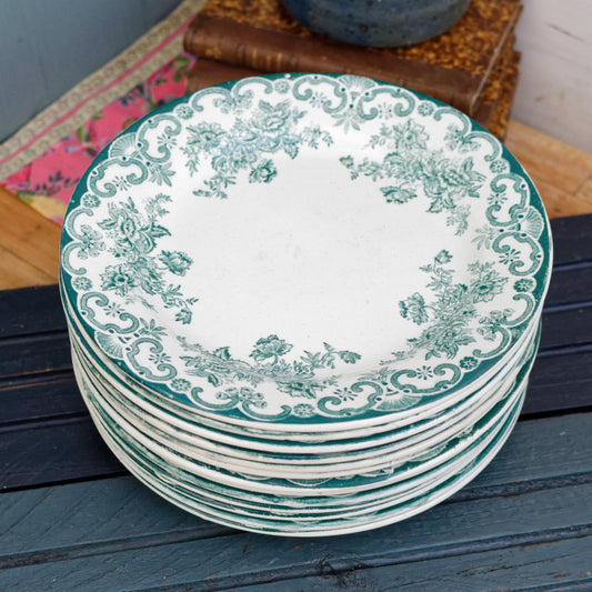 French Ironstone Green Transferware Dinner Plate Anglais L. Bertrand Bordeaux Terre de Fer