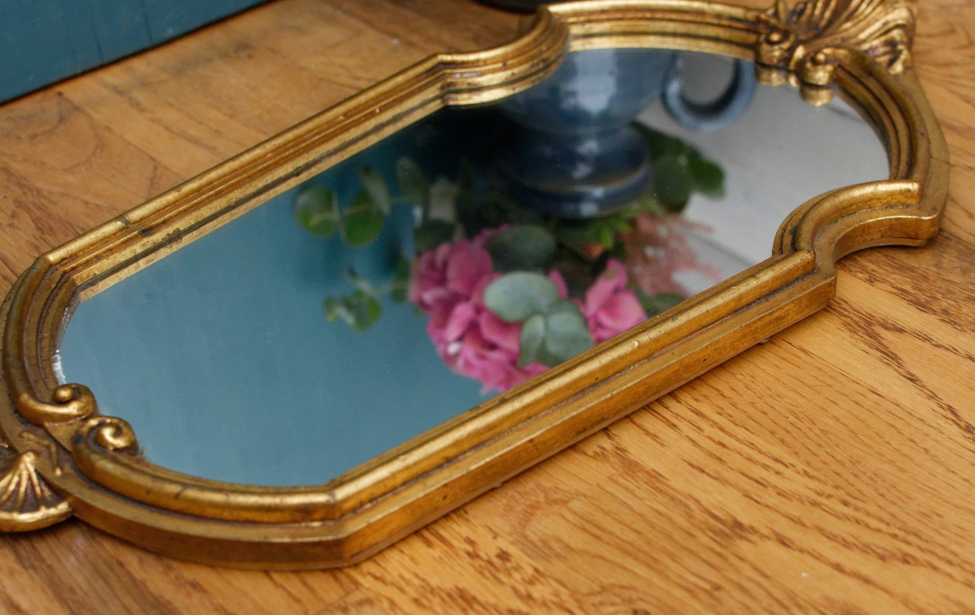 French Antique Small Wooden Bronze Gilt Frame Mirror