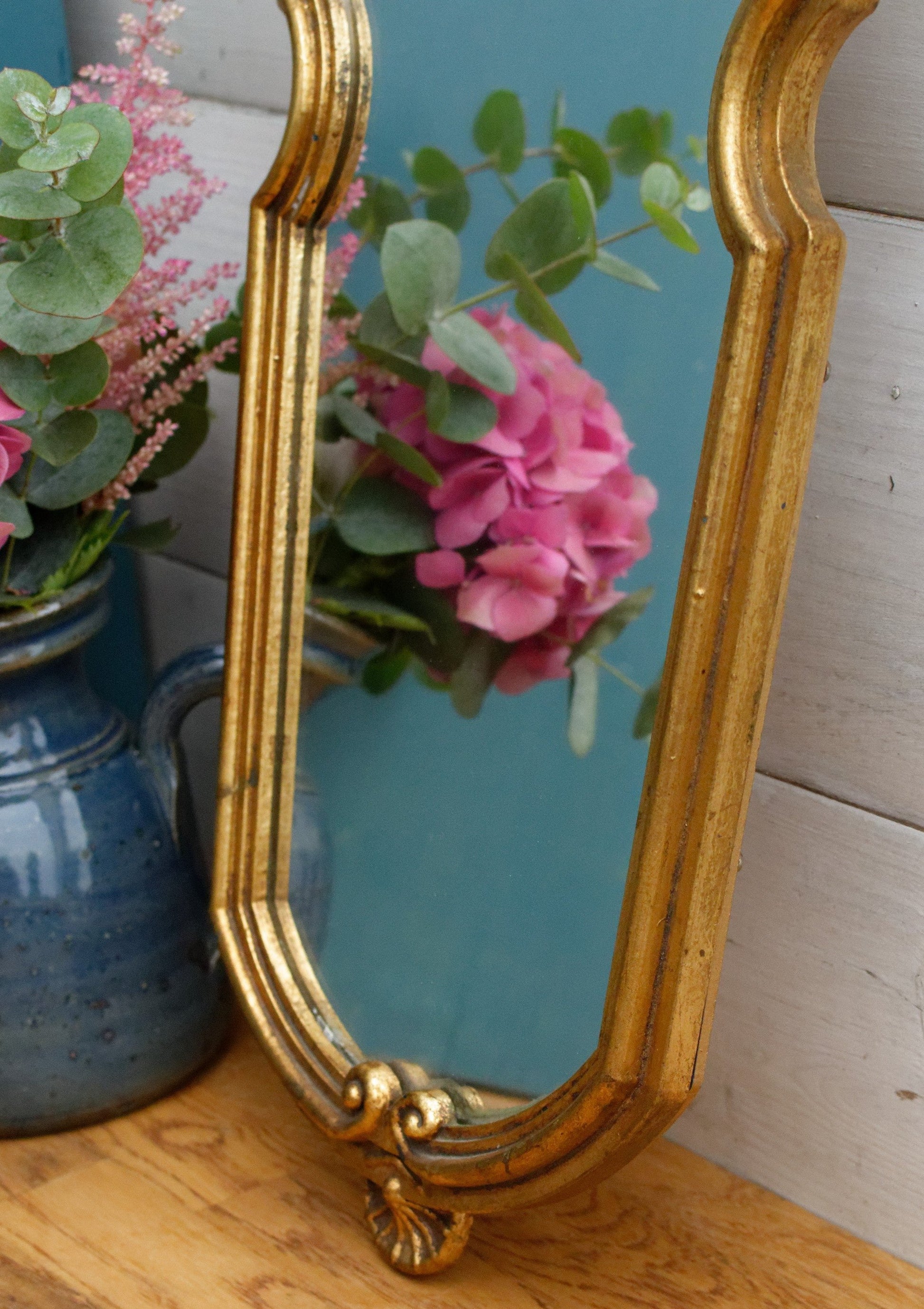 French Antique Small Wooden Bronze Gilt Frame Mirror