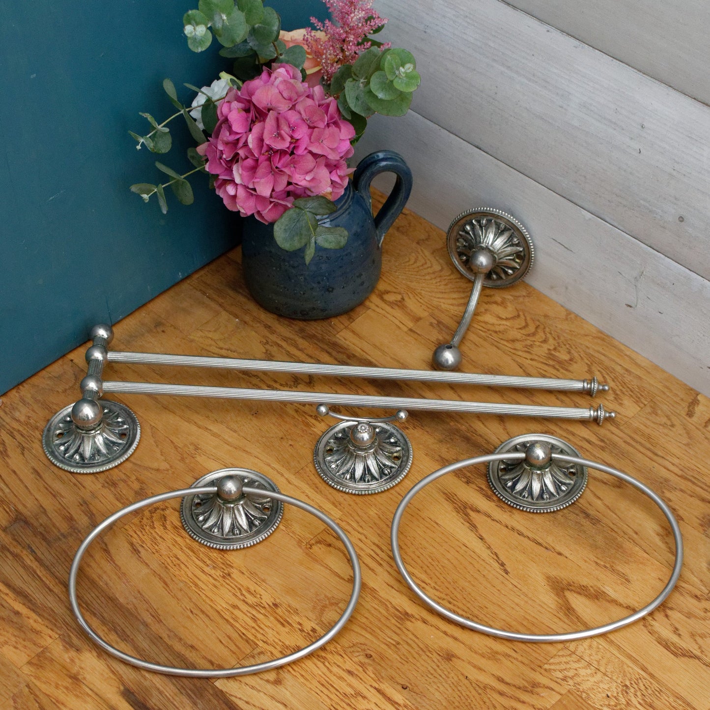 French Vintage Silver Chrome Metal Bathroom Accessories Set of 5 pieces Wall Mounted Hardware Art Deco Style