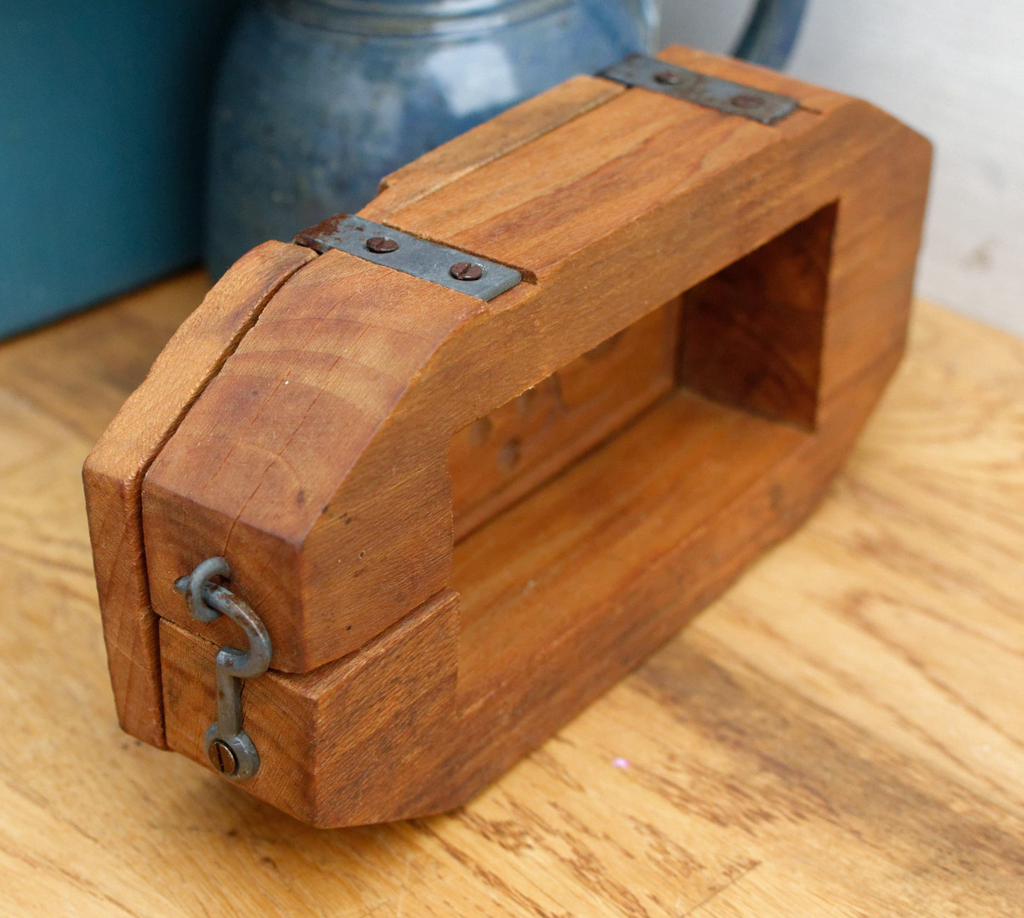 French Antique Wooden Hand-Carved Butter Mold (Mould) Hinged Press Stamp Leave Design