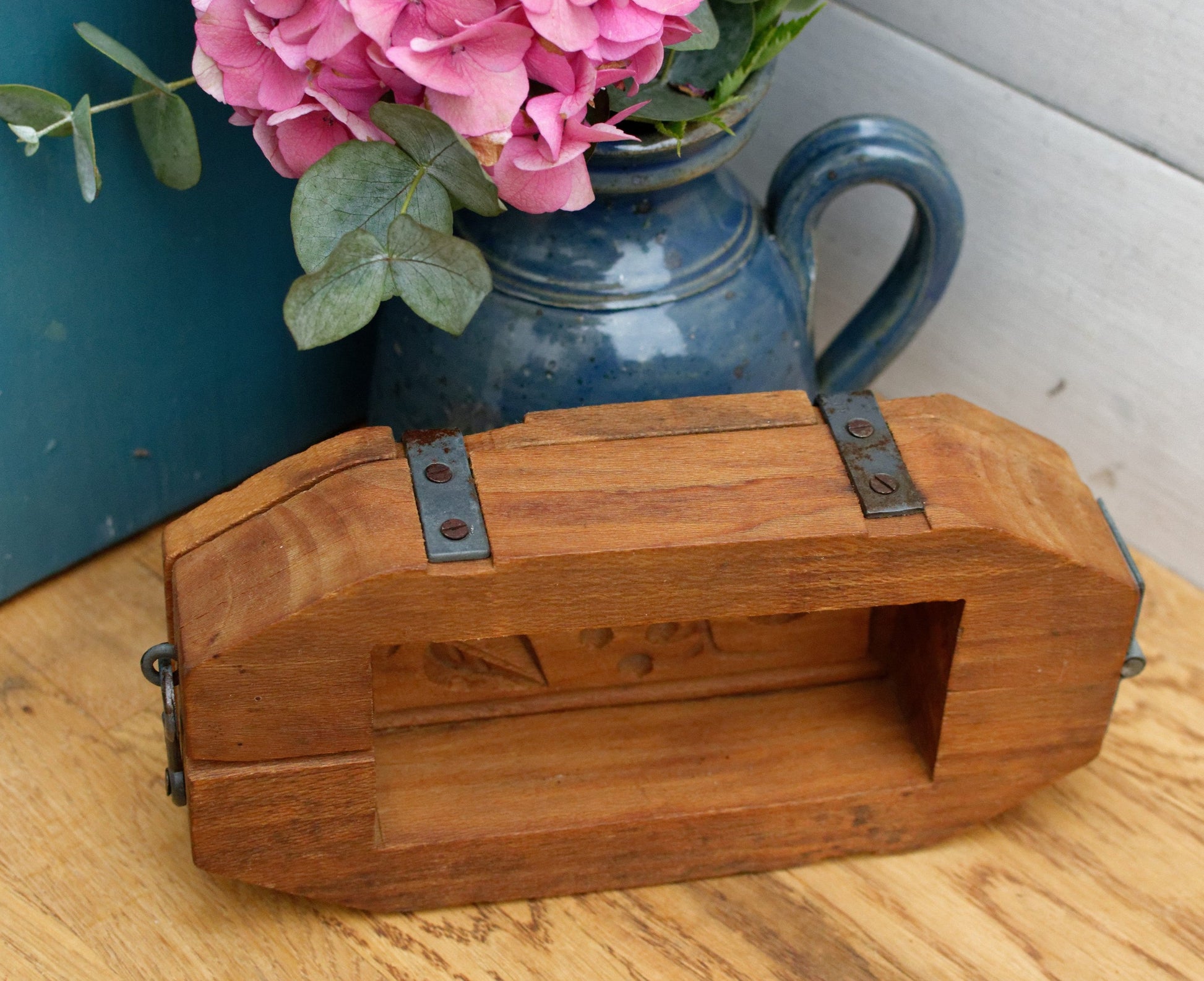 French Antique Wooden Hand-Carved Butter Mold (Mould) Hinged Press Stamp Leave Design