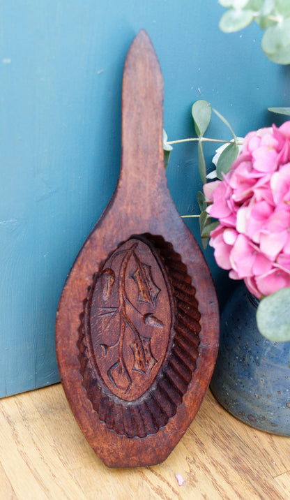 French Antique Wooden Hand-Carved Butter Mold (Mould) Stamp Leave Design