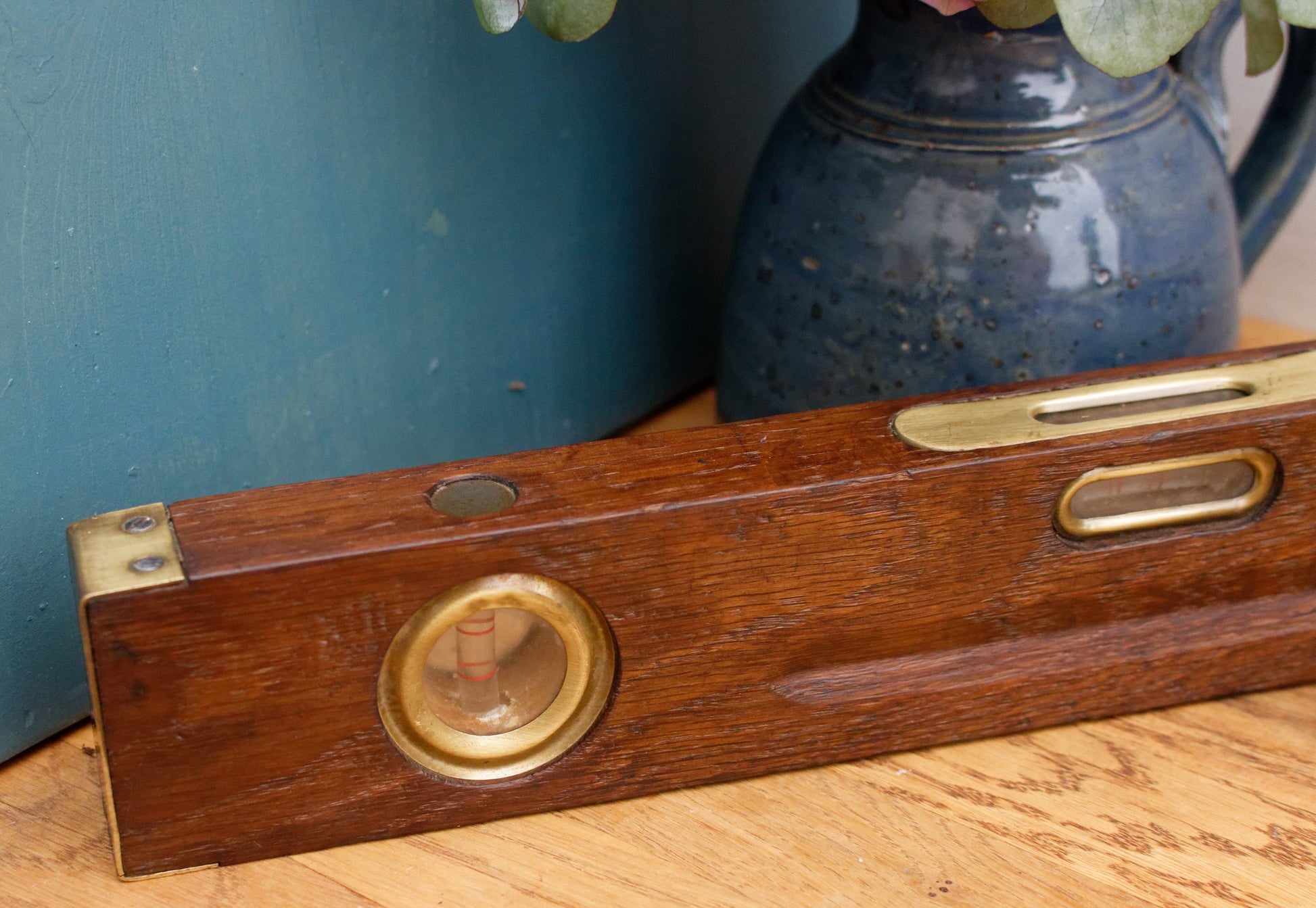 1950's French Vintage Authentic Wood Brass Glass Bubble Carpenter's Level 40 cm Collectible Spirit Level Woodworking Tool Measuring Device