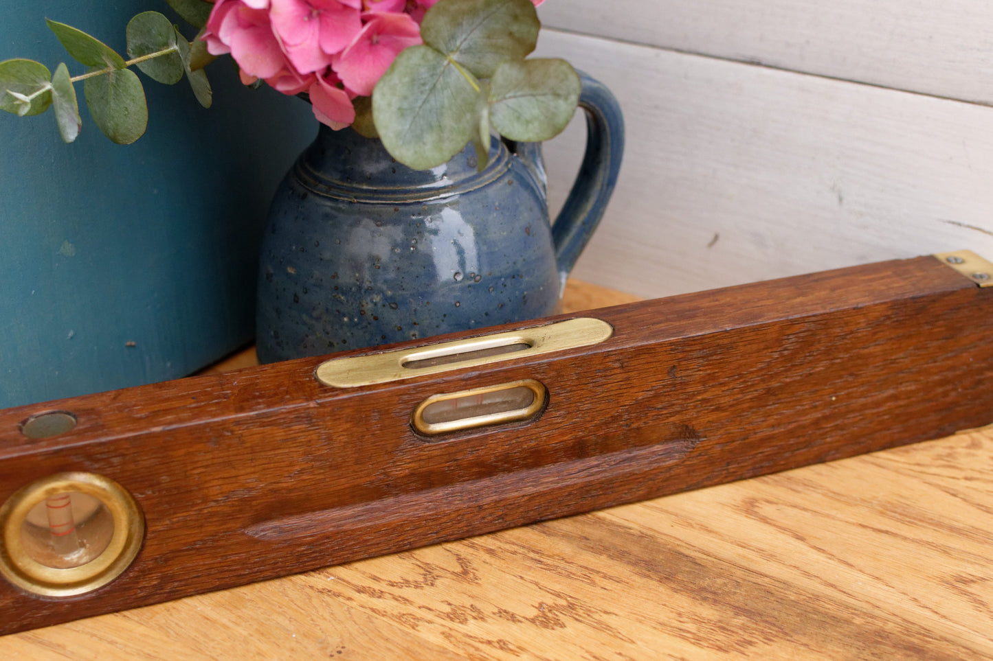 1950's French Vintage Authentic Wood Brass Glass Bubble Carpenter's Level 40 cm Collectible Spirit Level Woodworking Tool Measuring Device