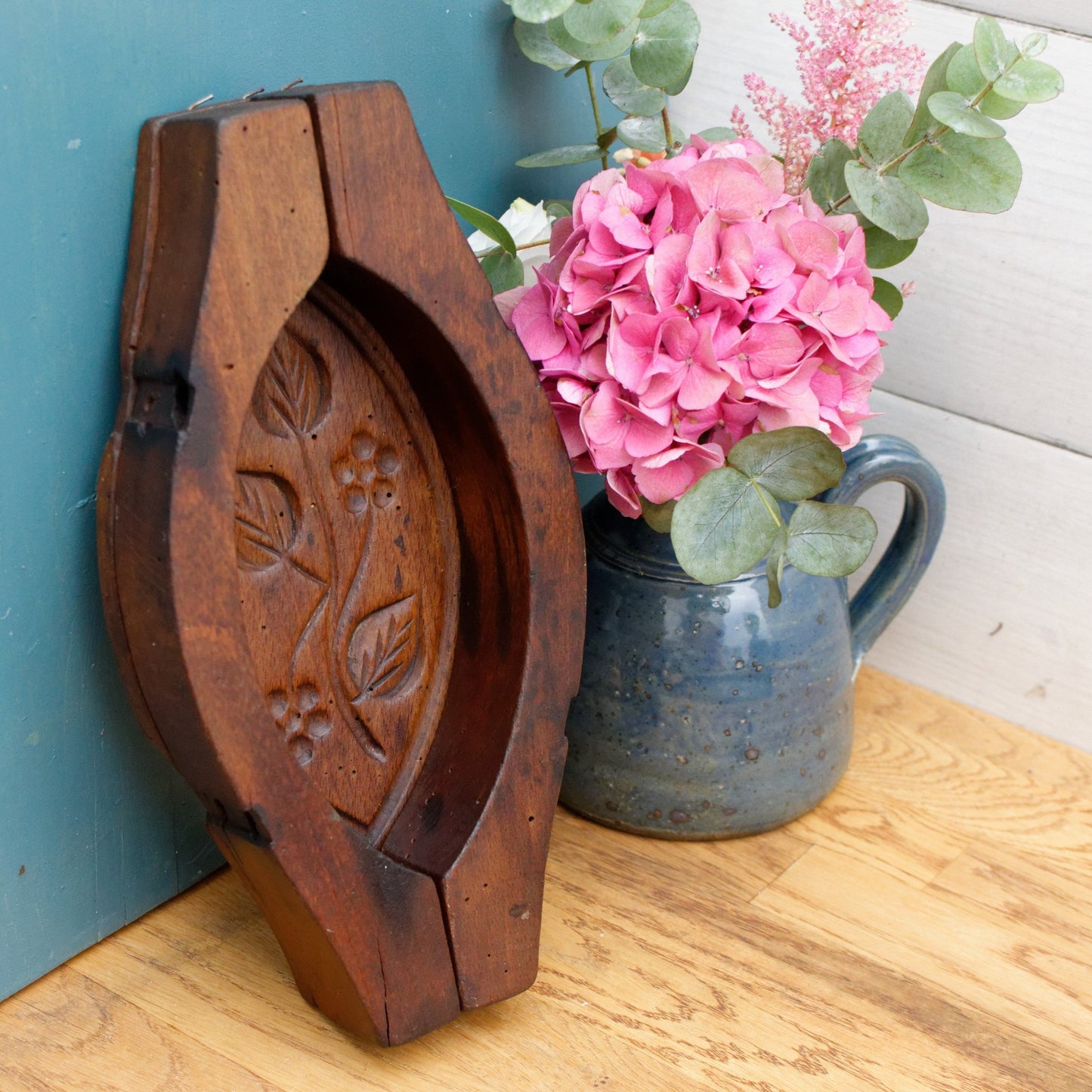 French Antique Wooden Hand-Carved Butter Mold (Mould) Stamp Leave Design Decor